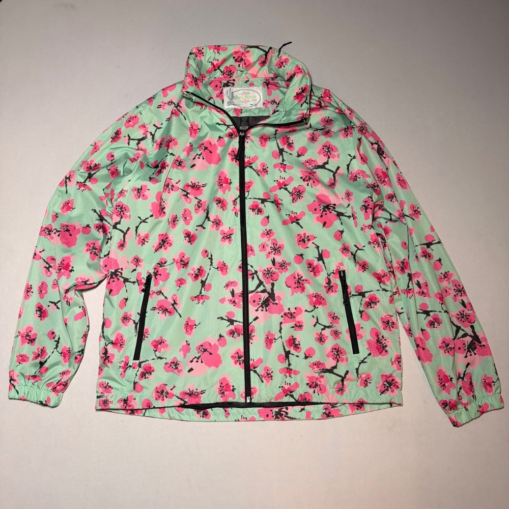 Arizona Iced Tea Cherry Blossom Jacket Mens Large Green Pink Floral Windbreaker